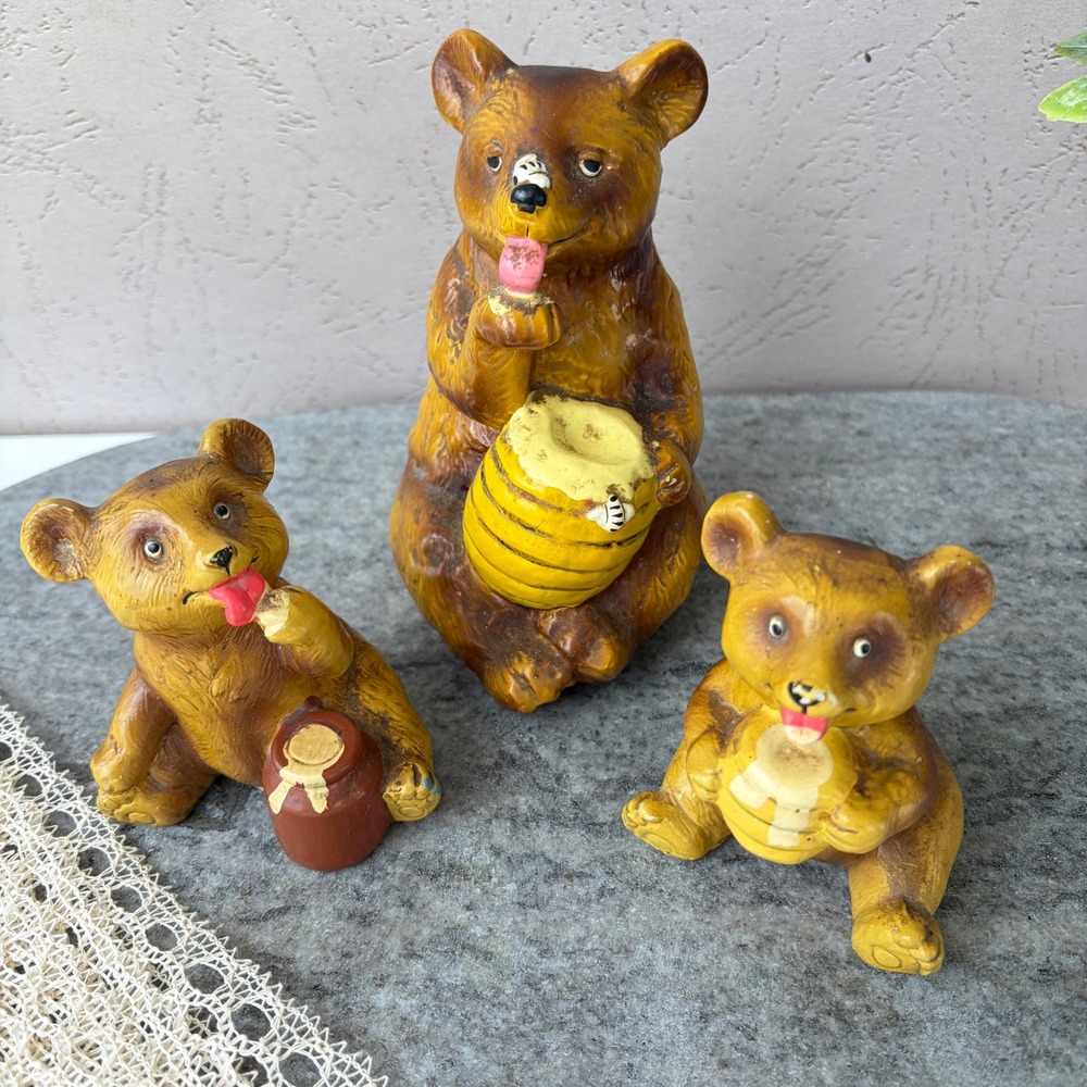 Vintage Honey Bear Figurine Set of 3 Woodland Beehive Honey Pot Decor Brown